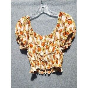 no frills LA Retro Floral Smocked Crop Top - Puff Sleeve Boho Blouse  - Sz XL